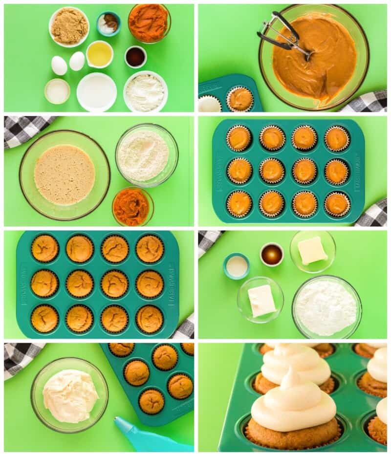step by step photos for how to make pumpkin cupcakes with cream cheese frosting