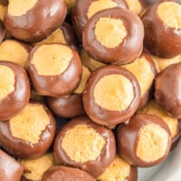 close up of buckeye candies in a white bowl.