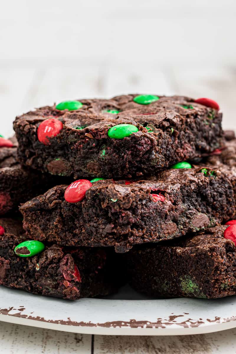 stack of brownies with christmas M&Ms