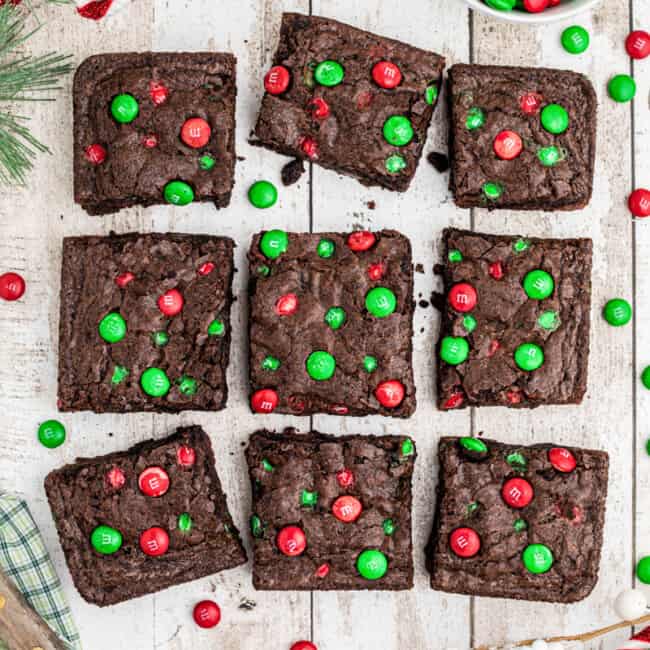 overhead image of brownies with christmas M&Ms
