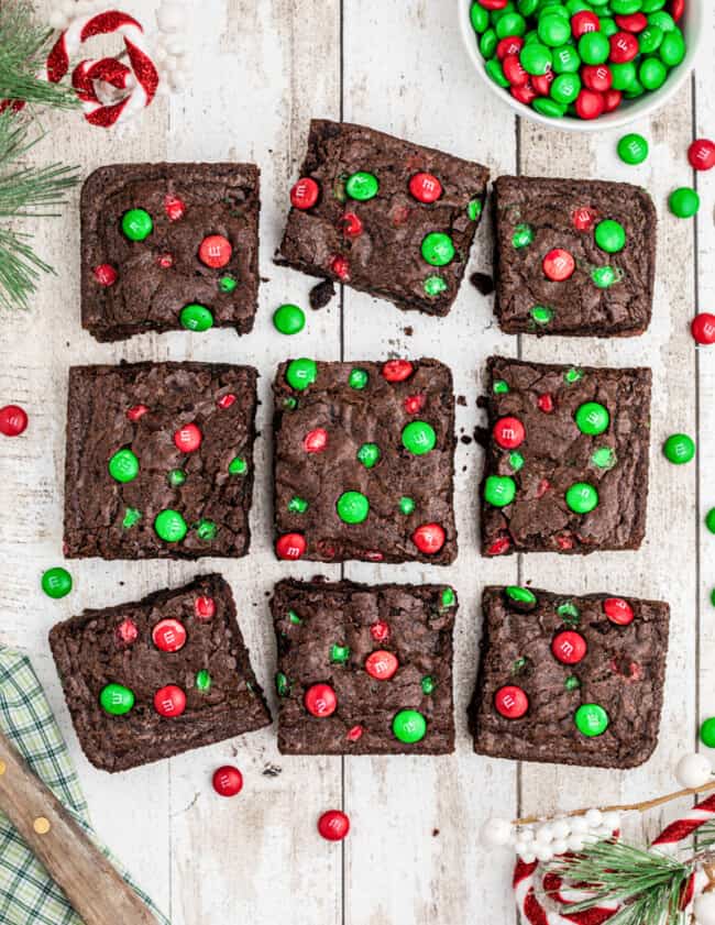 overhead image of brownies with christmas M&Ms