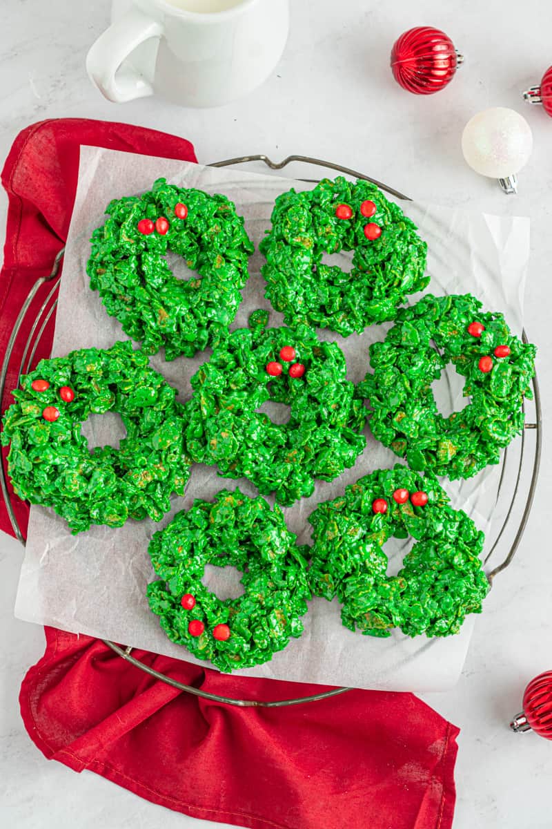 overhead image of cornflake wreaths on a cooling rack