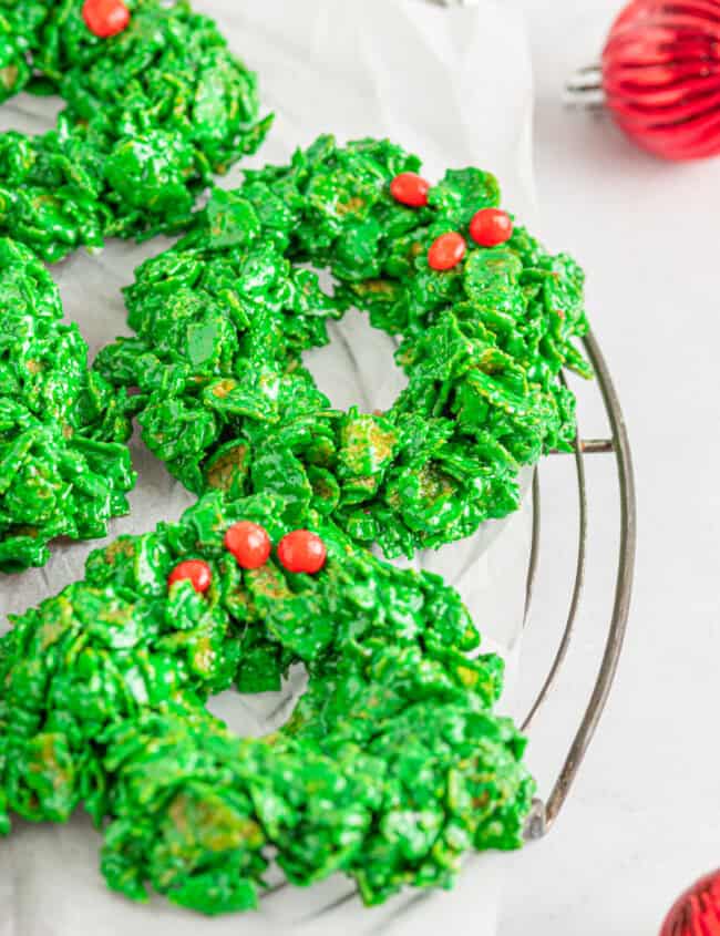 cornflake wreaths on a cooling rack