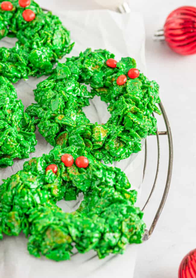 cornflake wreaths on a cooling rack