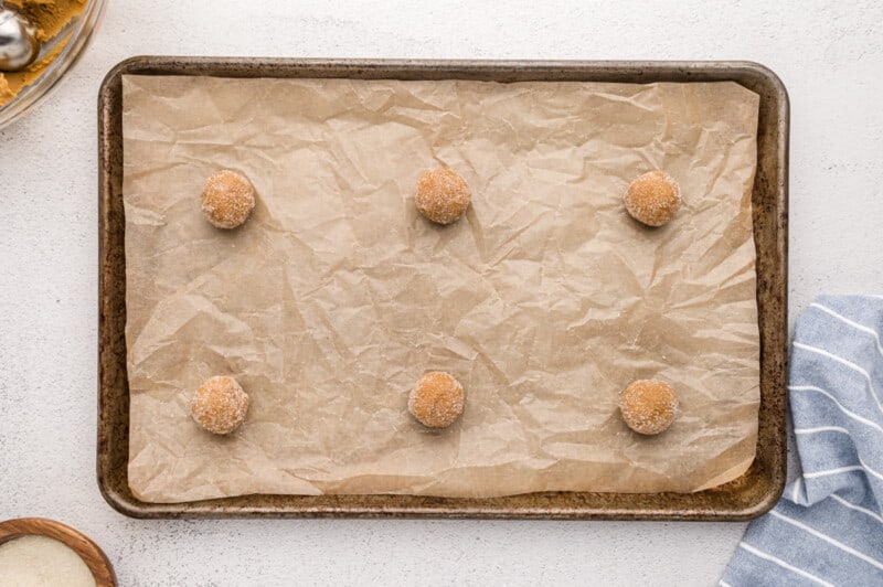 6 ginger molasses cookie dough balls on a baking sheet.