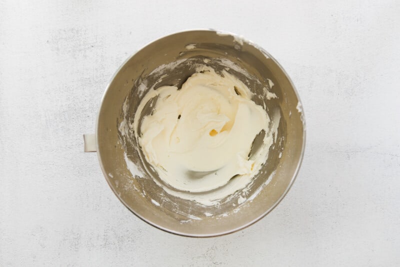 vanilla buttercream frosting in a mixing bowl