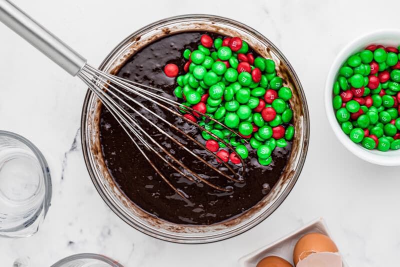 brownie batter with christmas M&Ms