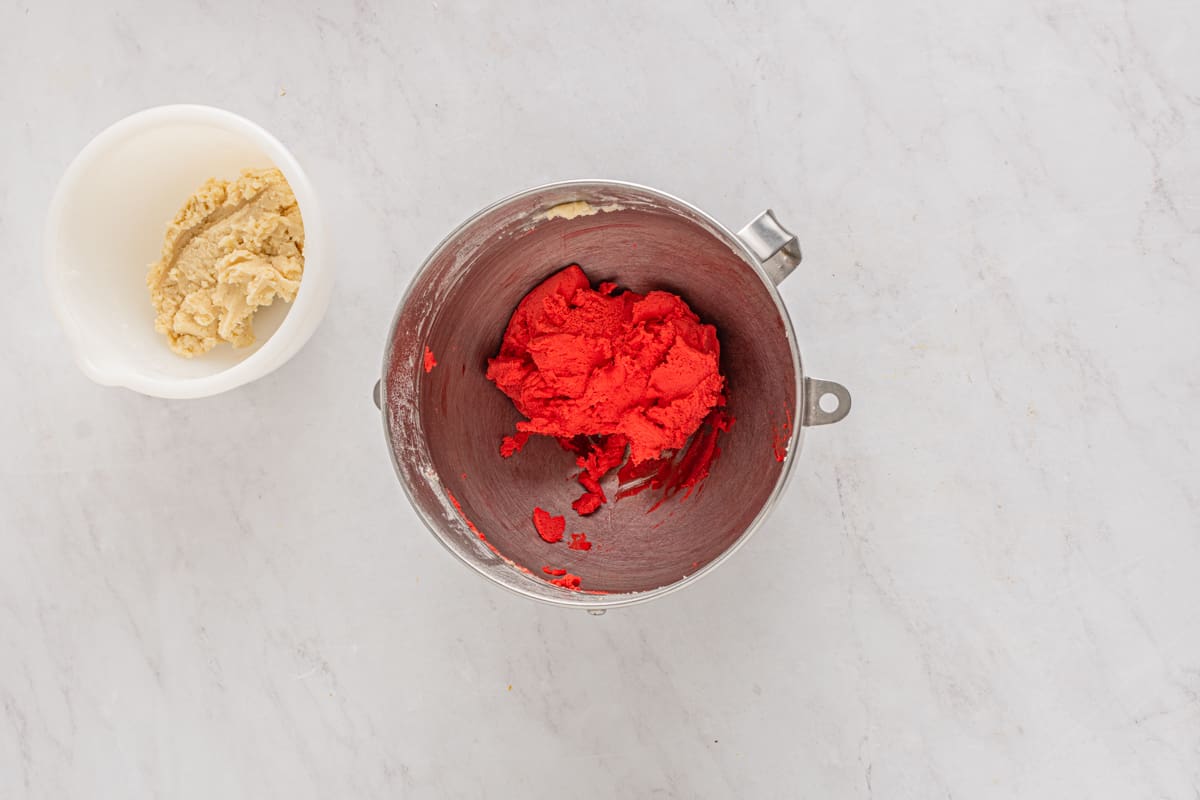 red and white cookie dough in bowls