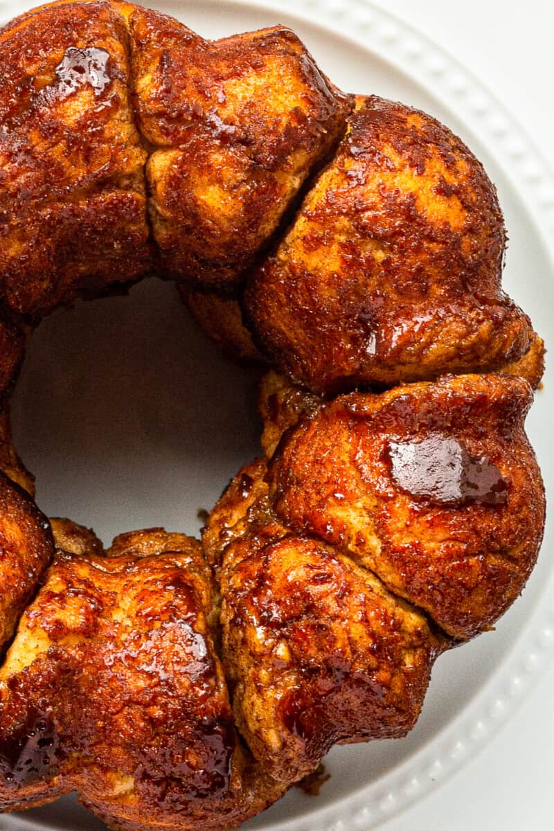 overhead image of monkey bread on a white serving plate
