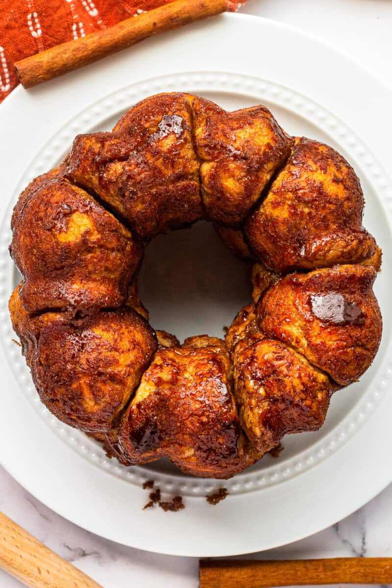 overhead image of monkey bread on a white serving plate