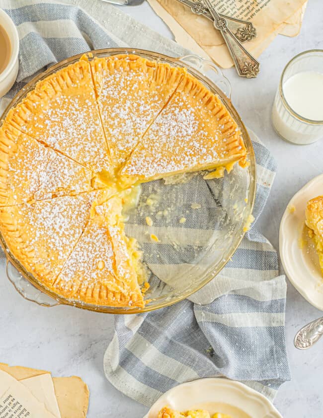 buttermilk chess pie with 2 slices removed