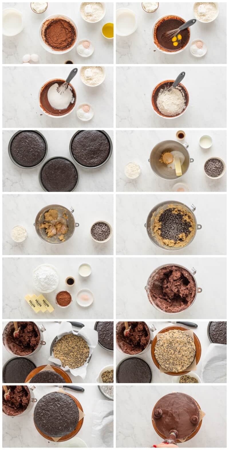 step by step photos for how to make chocolate cookie dough layer cake