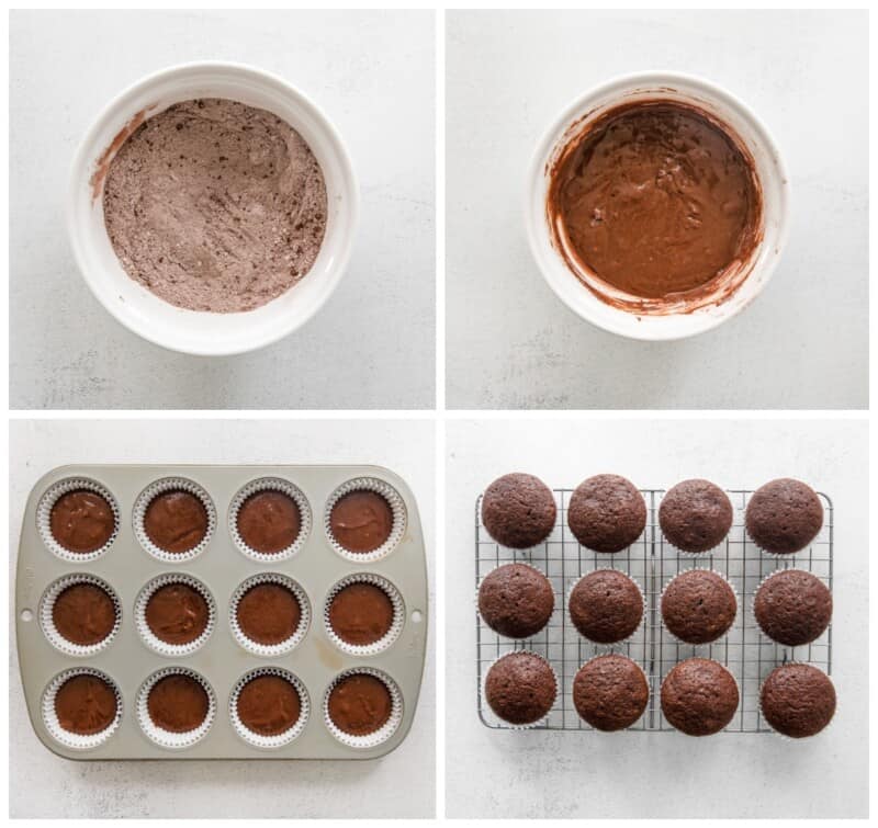 step by step photos for how to make chocolate pumpkin cupcakes.