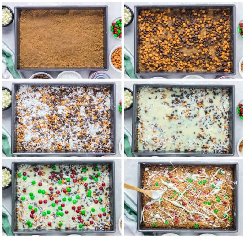 step by step photos for how to make christmas 7 layer magic cookie bars