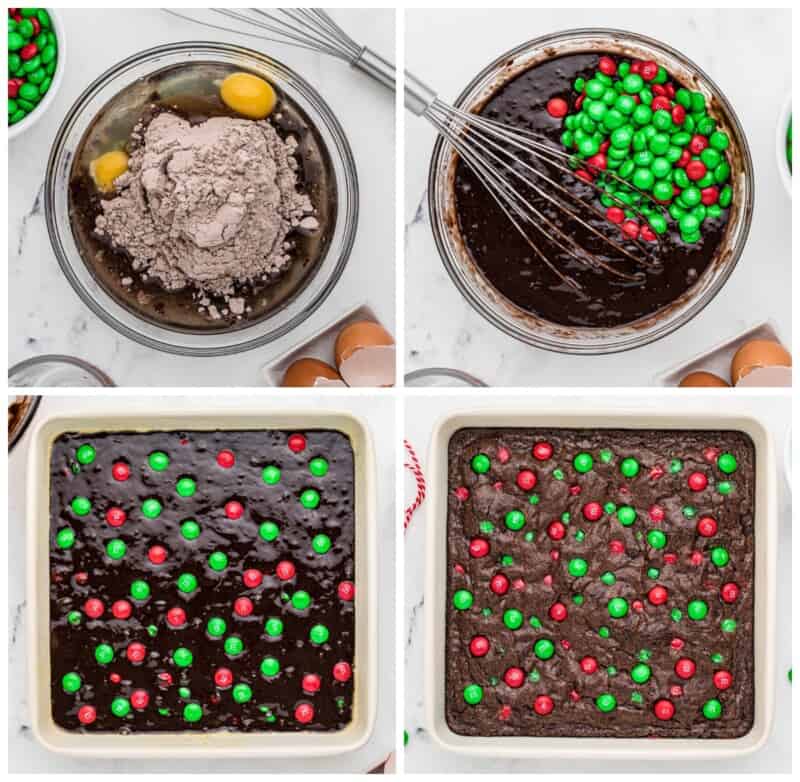 step by step photos for how to make christmas M&M brownies