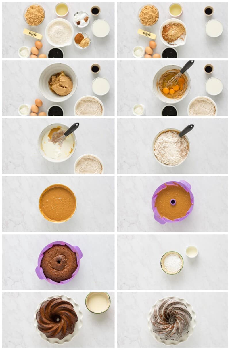 step by step photos for how to make gingerbread bundt cake.