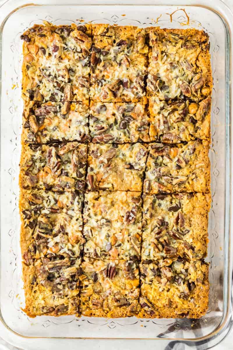 7 layer magic cookie bars in a baking dish