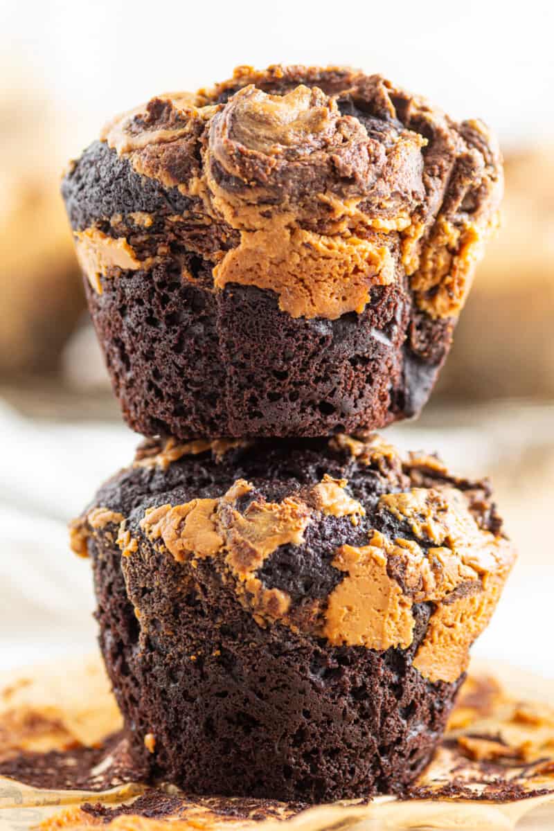 stack of 2 chocolate peanut butter muffins