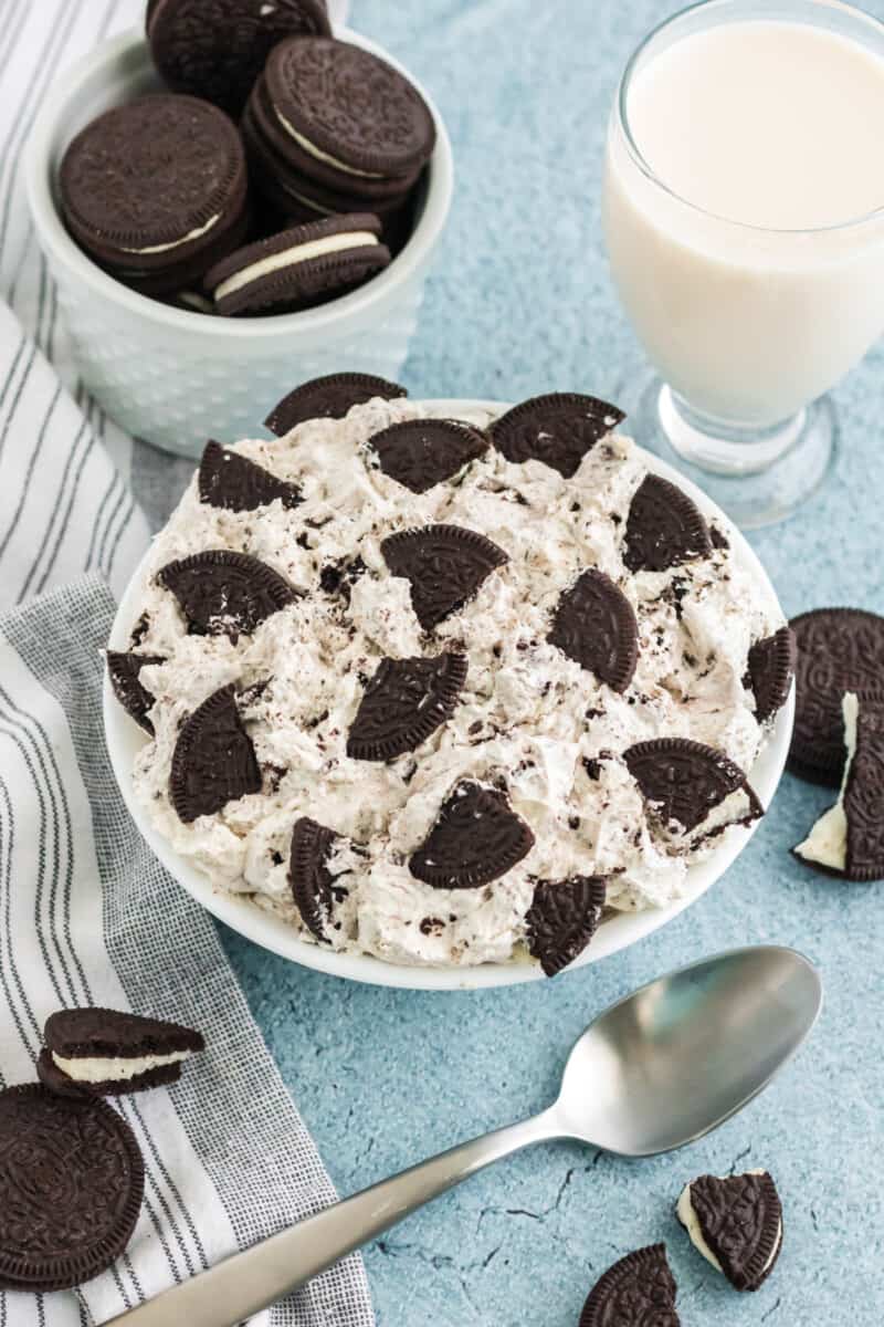cookies and cream dip in a white bowl with a spoon