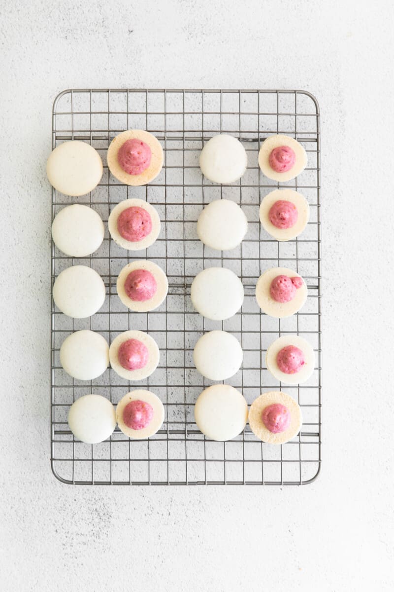 macaron pairs on a cooling rack with blood orange buttercream piped on half of the macaron shells