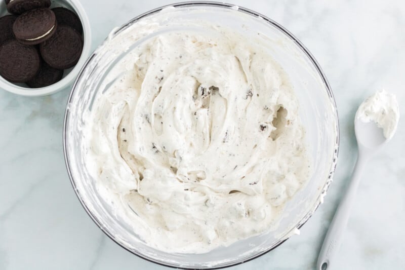cookies and cream dip in a glass bowl