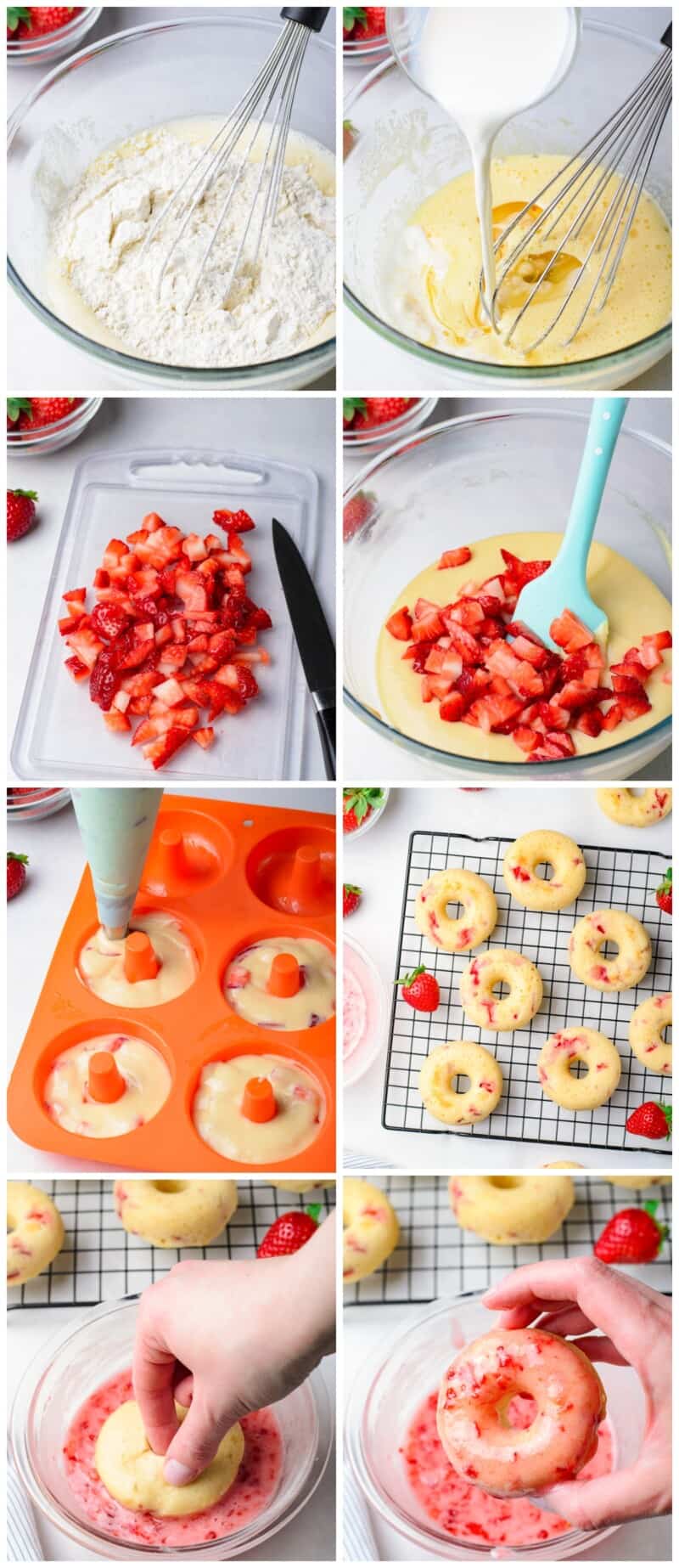 step by step photos for how to make baked strawberry donuts