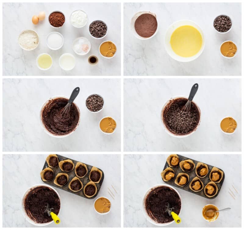 step by step photos for how to make chocolate peanut butter muffins