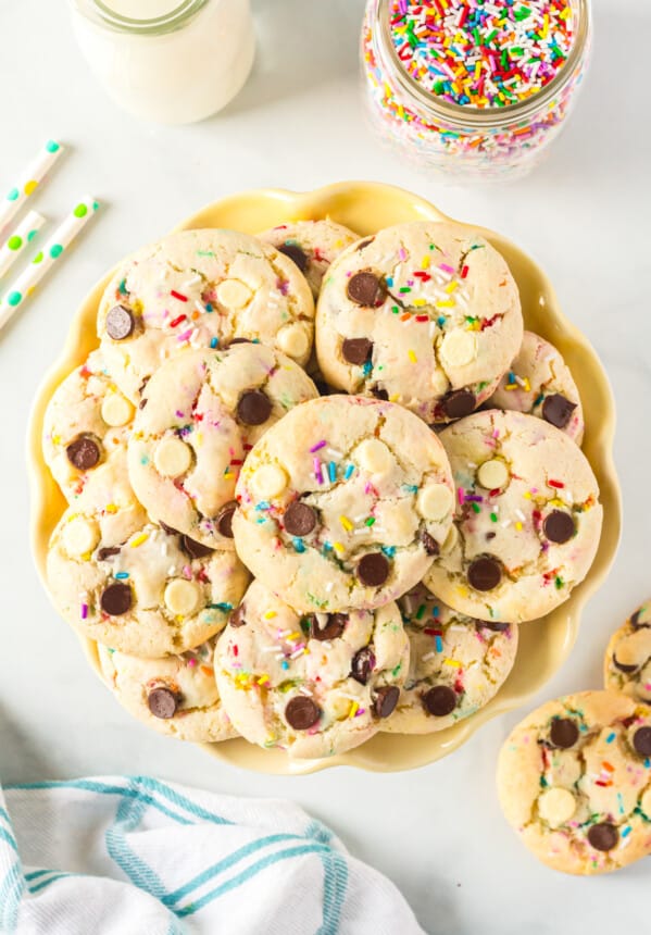 overhead image of cake batter cookies on a yellow plate