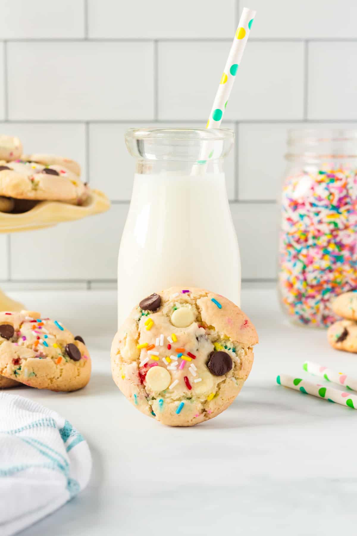 cake batter cookie with a glass of milk