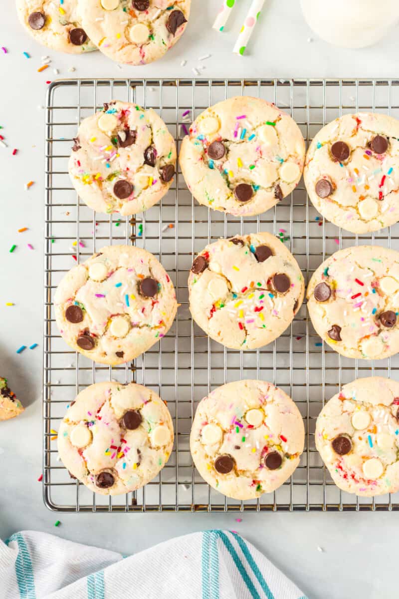 overhead image of cake batter cookies on a cooling rack