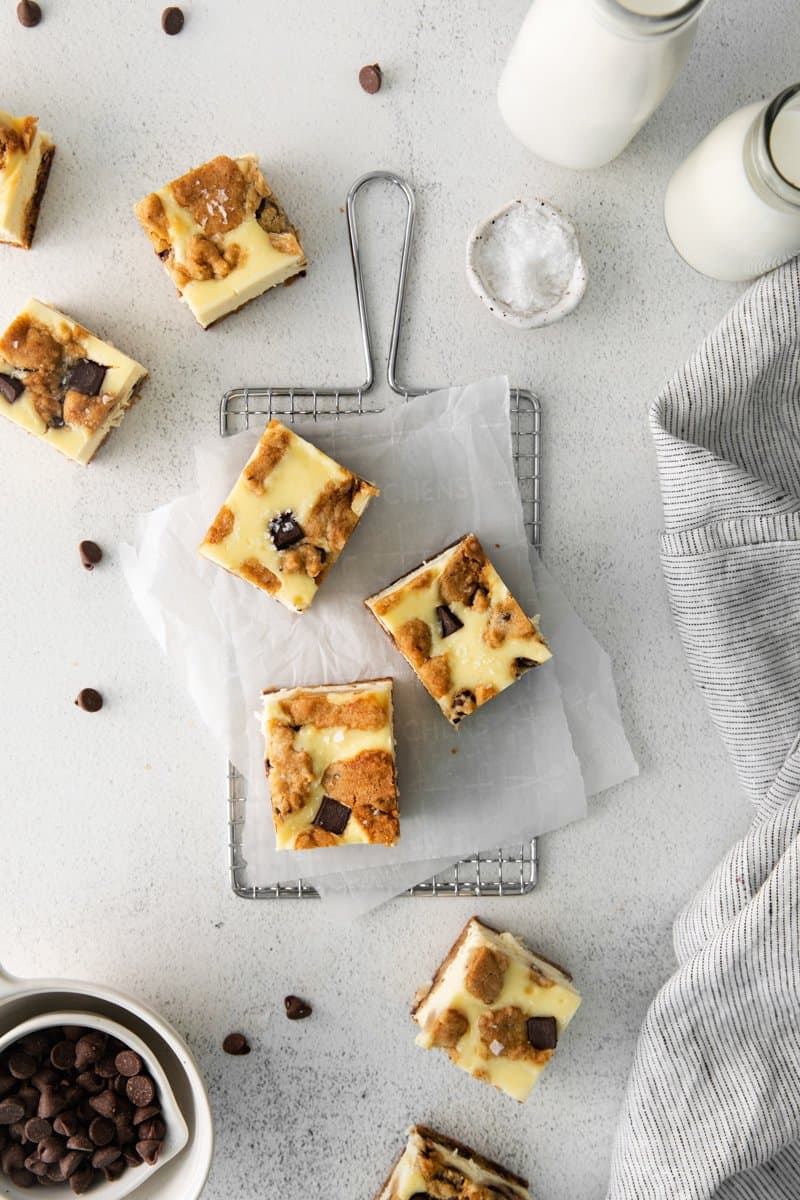 overhead image of chocolate chip cookie cheesecake bars