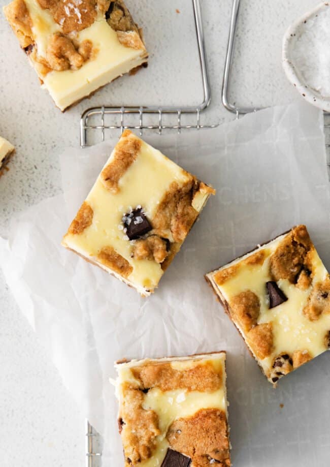 overhead image of chocolate chip cookie cheesecake bars