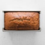 carrot bread in a loaf pan after baking