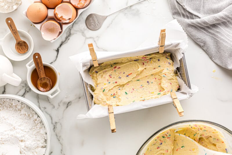 funfetti pound cake batter in a loaf pan