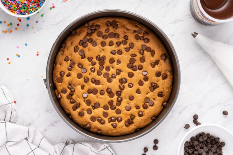 chocolate chip cookie cake in a pan after baking