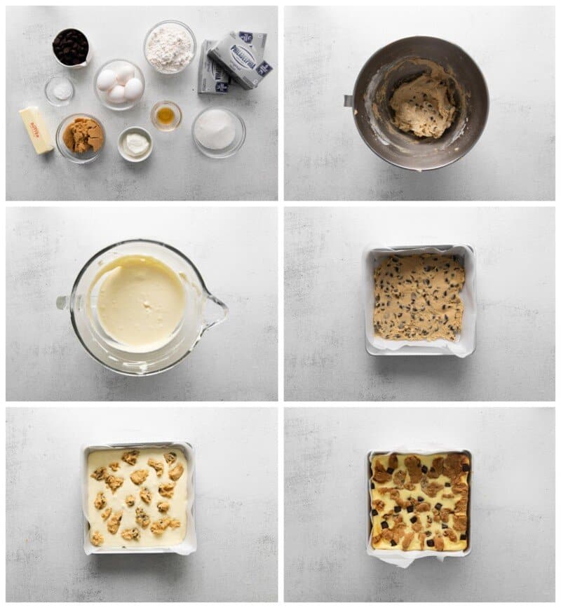 step by step photos for how to make chocolate chip cheesecake bars