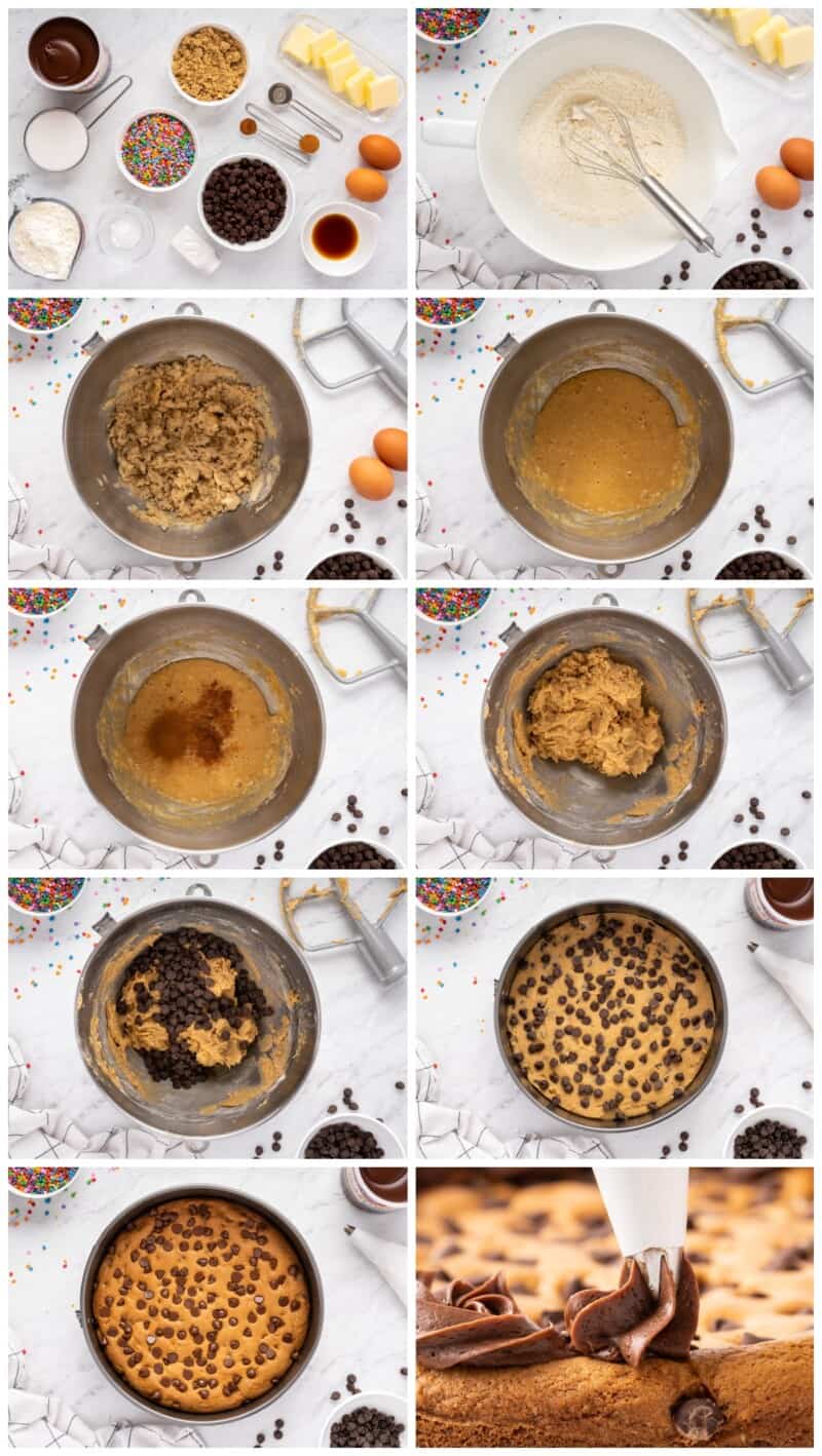 step by step photos for how to make chocolate chip cookie cake