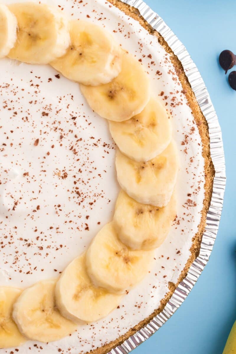 close up view of banana fudge pie.