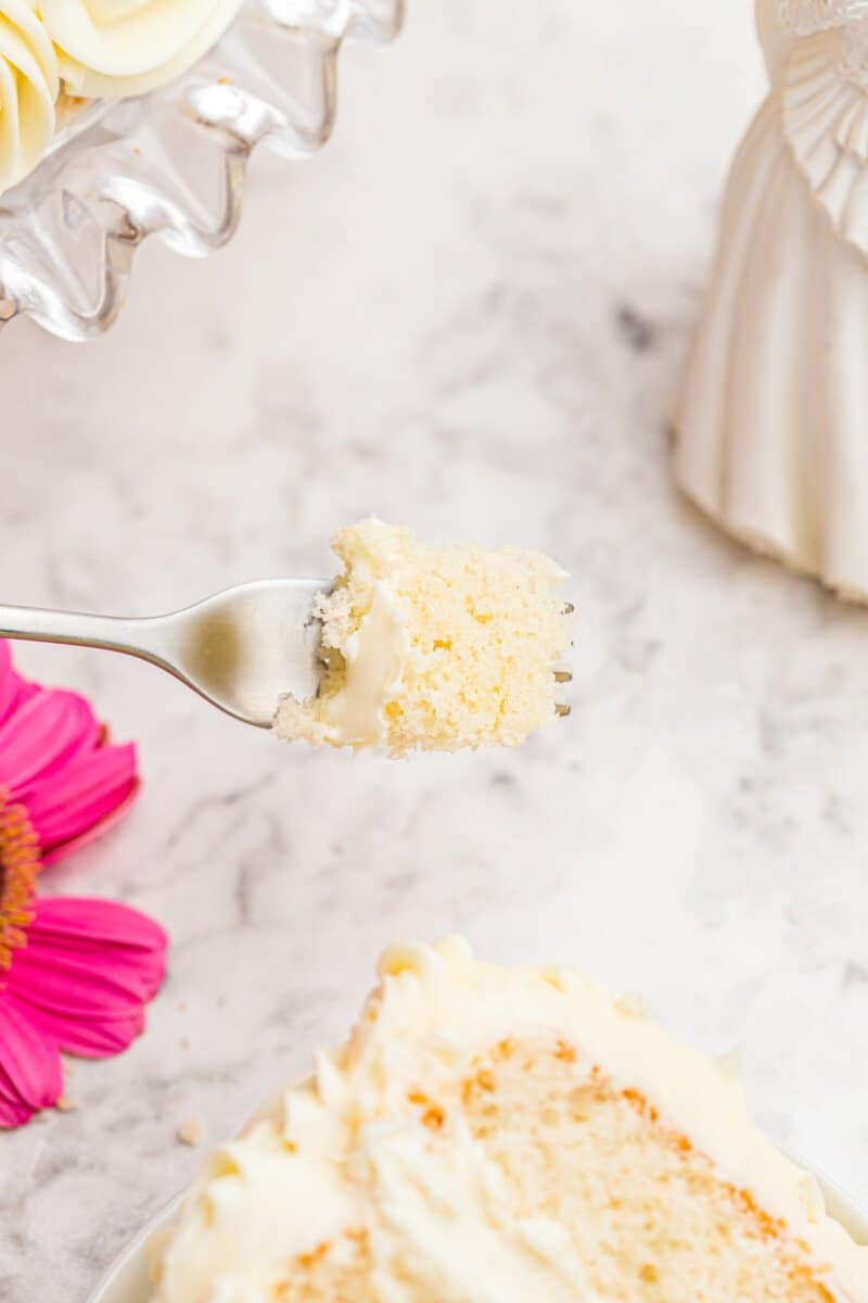 a bite of easy homemade wedding cake on a fork.