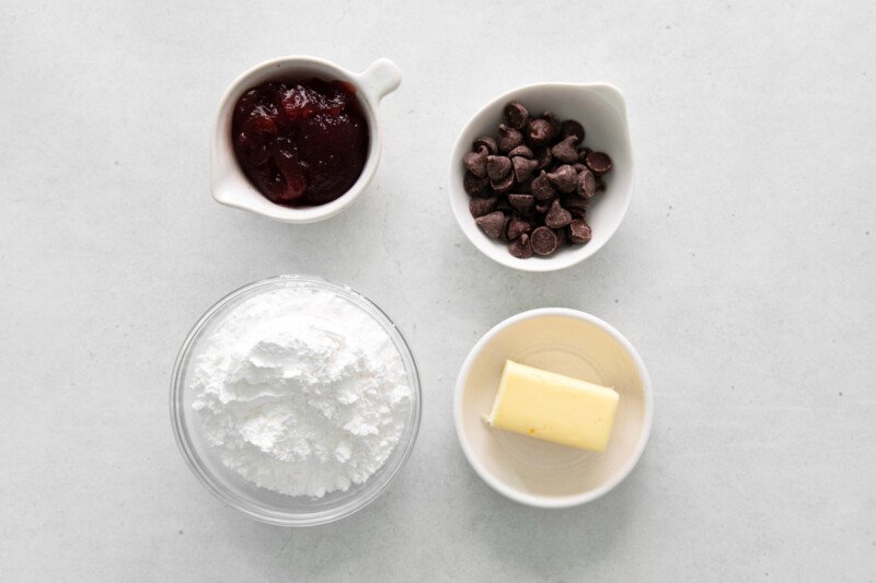overhead view of chocolate buttercream ingredients.