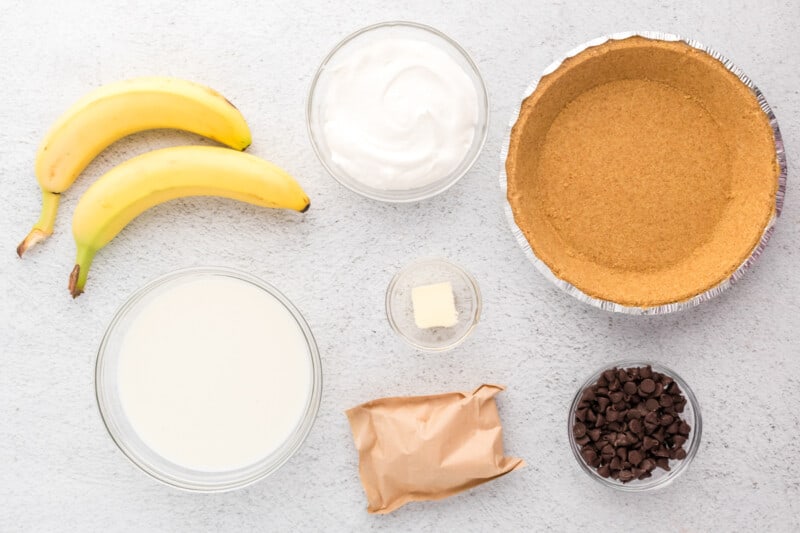 overhead view of ingredients for banana fudge pie.