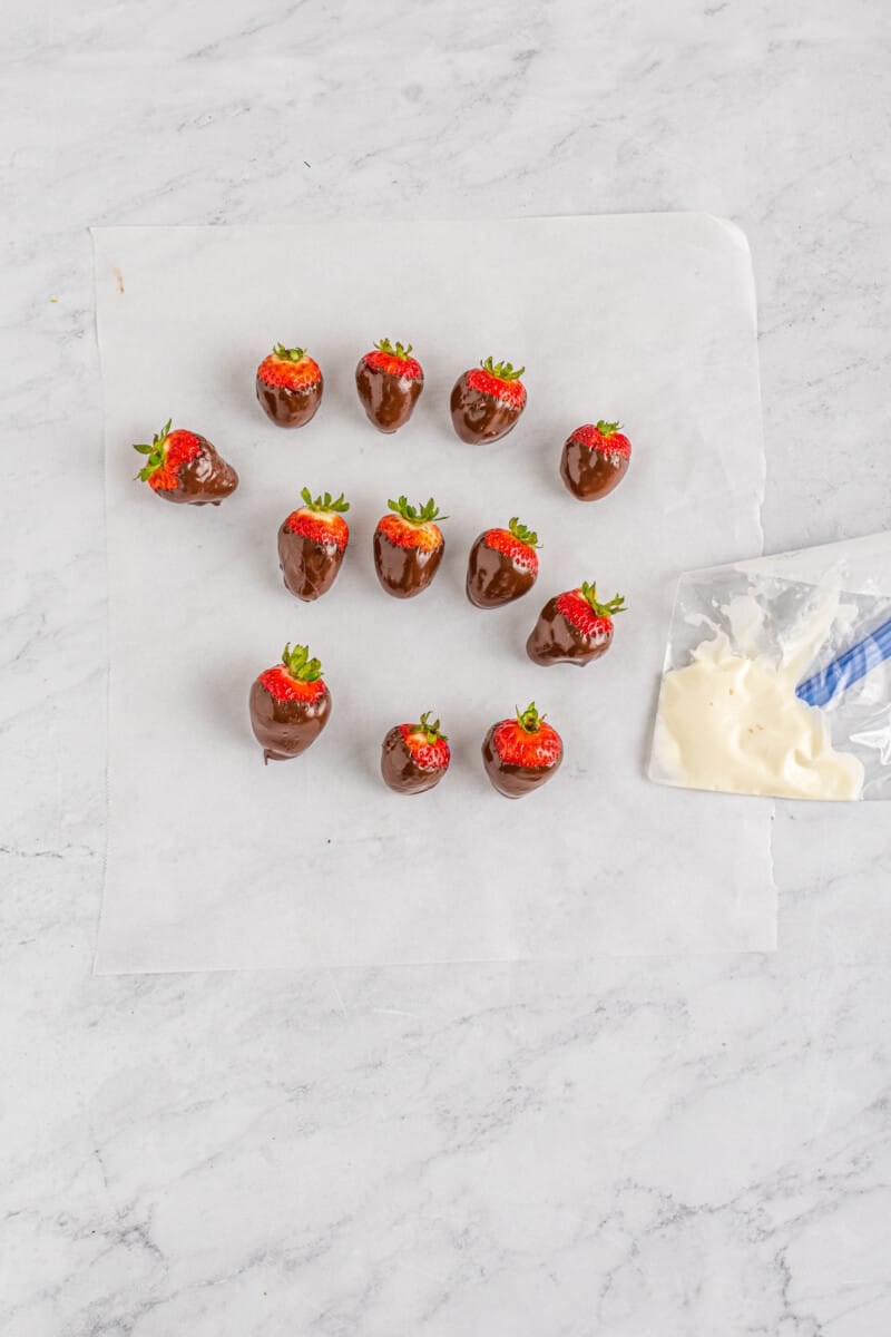 chocolate dipped strawberries on wax paper with a zip top bag filled with white chocolate.