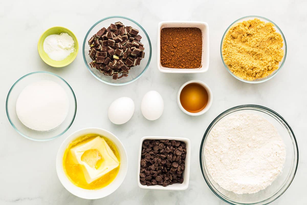 overhead view of ingredients for andes mint cookies.