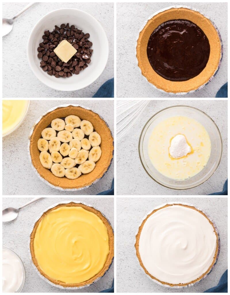 step by step photos for how to make banana fudge pie.