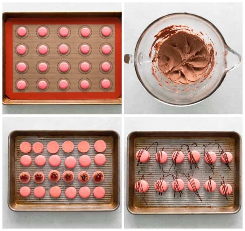 step by step photos for how to make chocolate strawberry macarons.