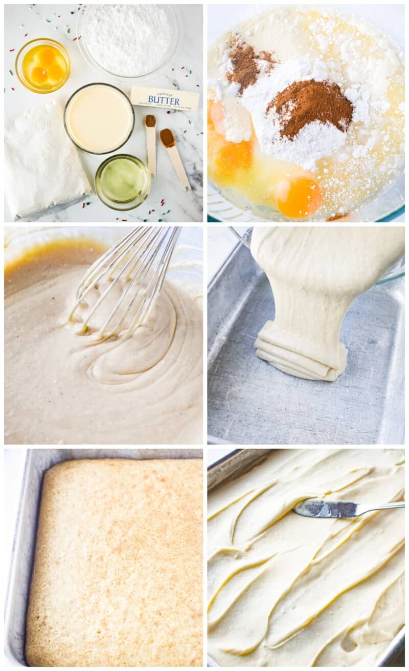 step by step photos for how to make eggnog sheet cake.