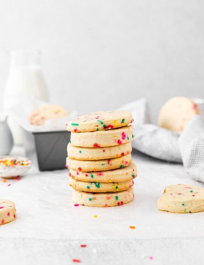 7 stacked funfetti shortbread cookies.