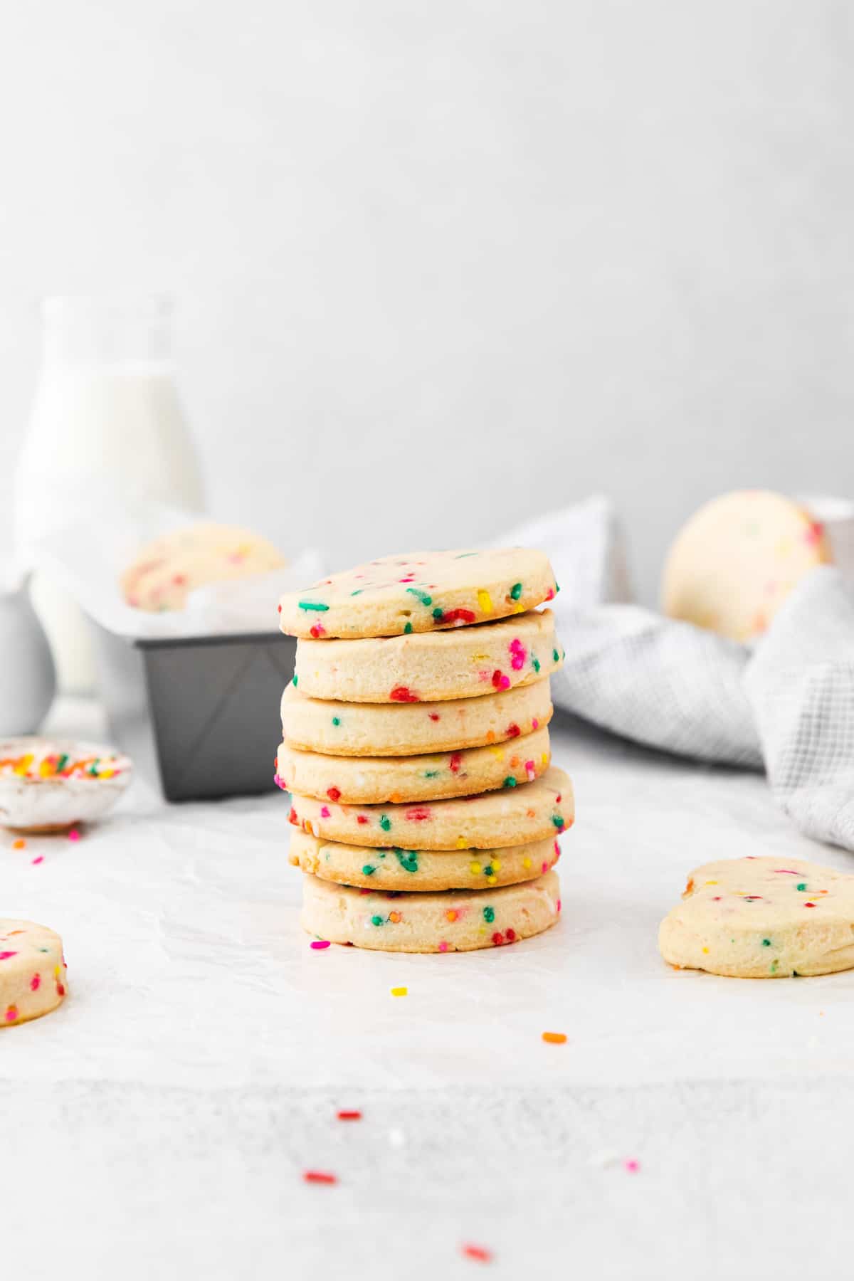 7 stacked funfetti shortbread cookies.