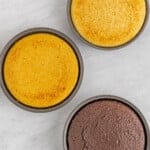 baked chocolate caramel and vanilla cakes in cake pans.