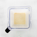 overhead view of crepe batter in a blender.
